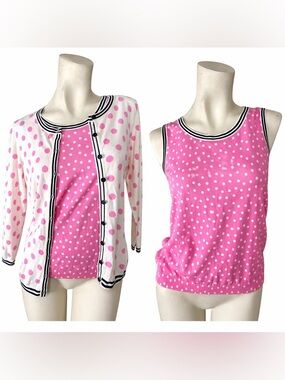 Talbots Pink Polka Dot Cardigan & Tank Twin Set Preppy Classic Size S